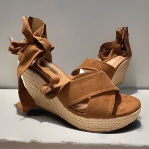 Torrid Suede Brown Lace-Up Espadrille Wedge Sandals Size 9WW